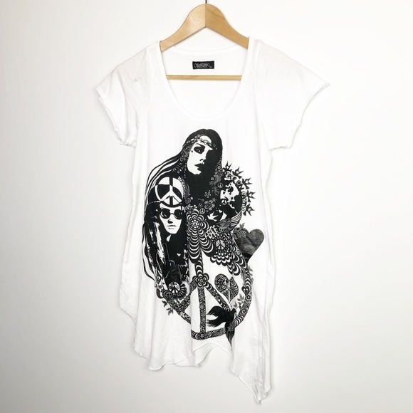 𝅺Lauren Moshi white T-shirt with black graphics peace on earth - Picture 13 of 13